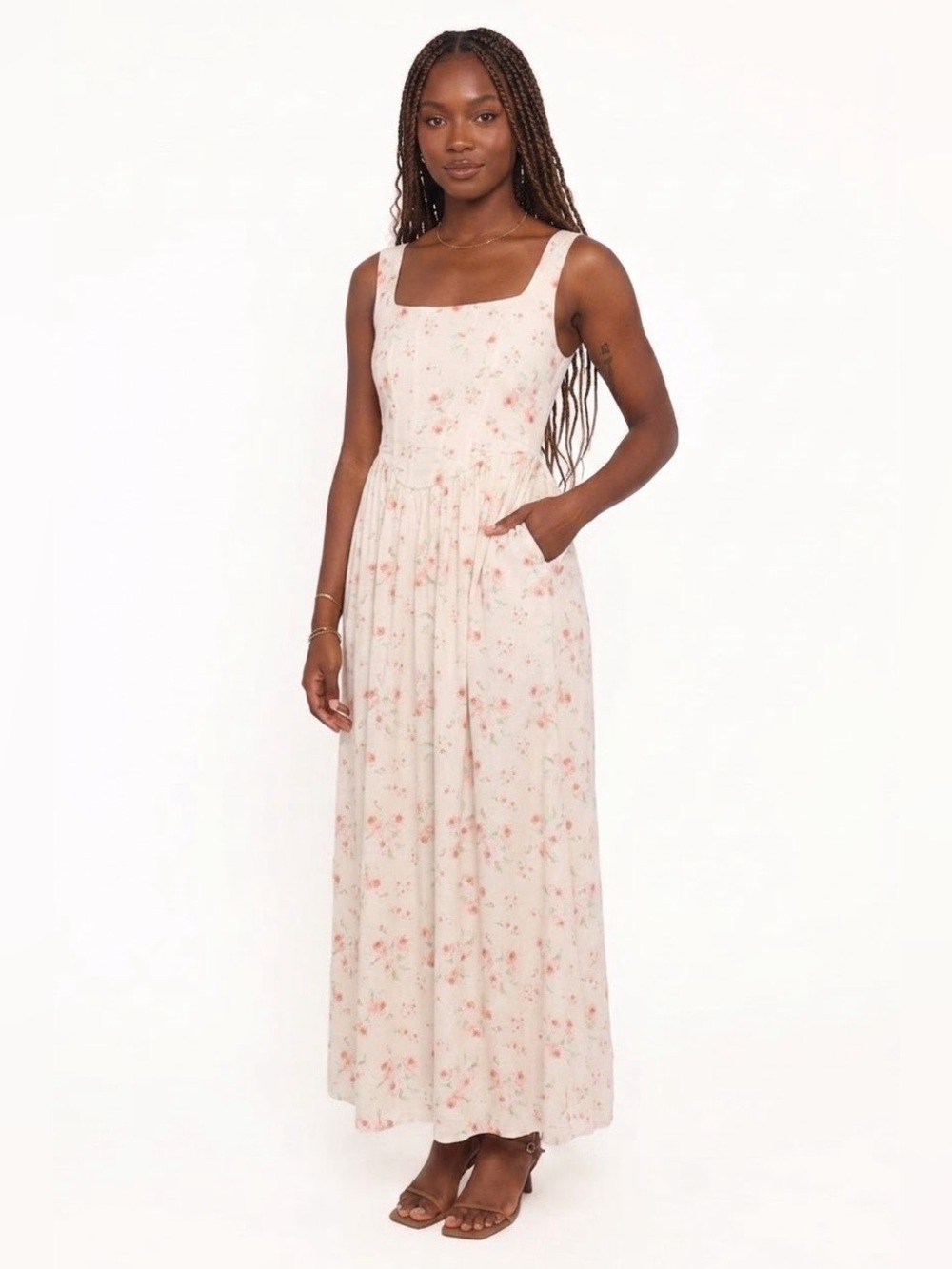 Petal & Pup Vespa Corset Midi Dress Peach Floral Cottagecore Garden Party US 14